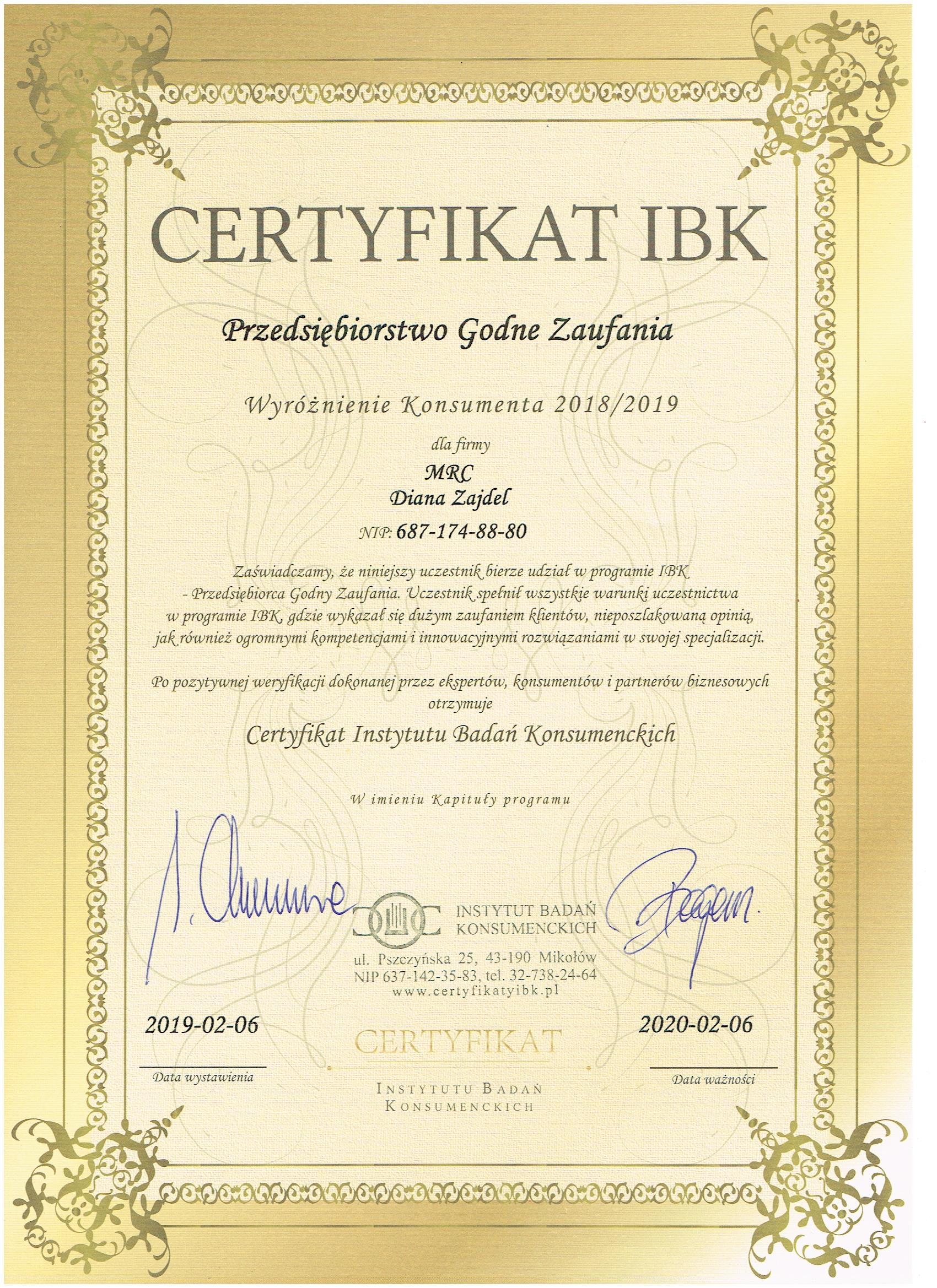 Certyfikat IBK 2019