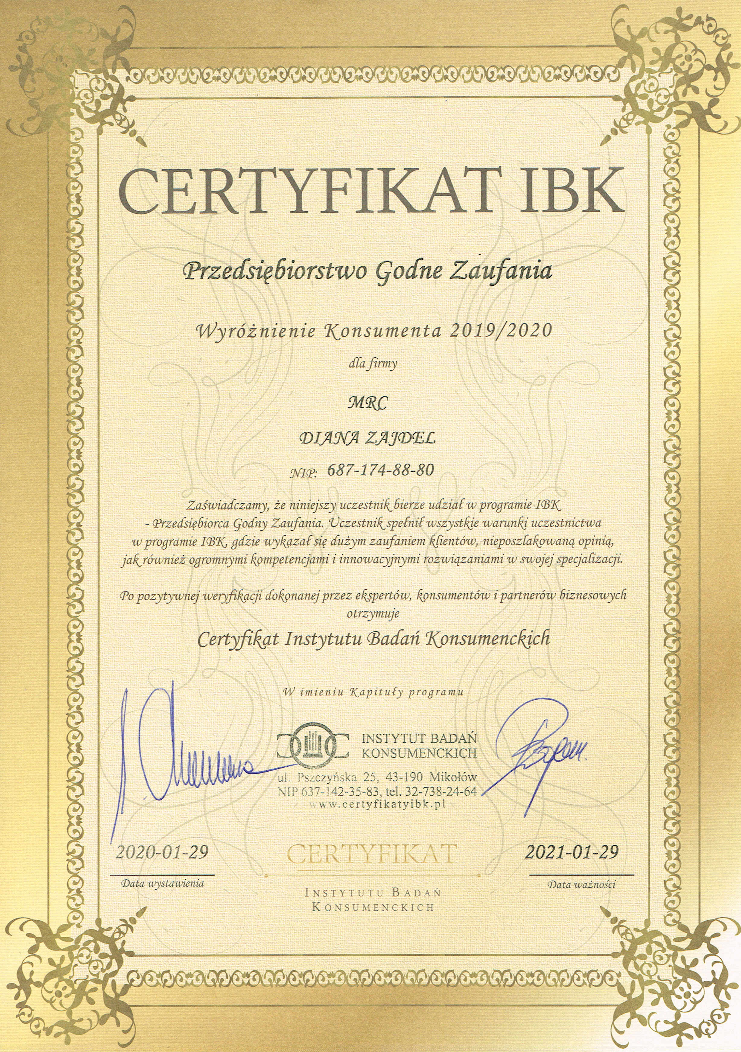Certyfikat IBK 2020