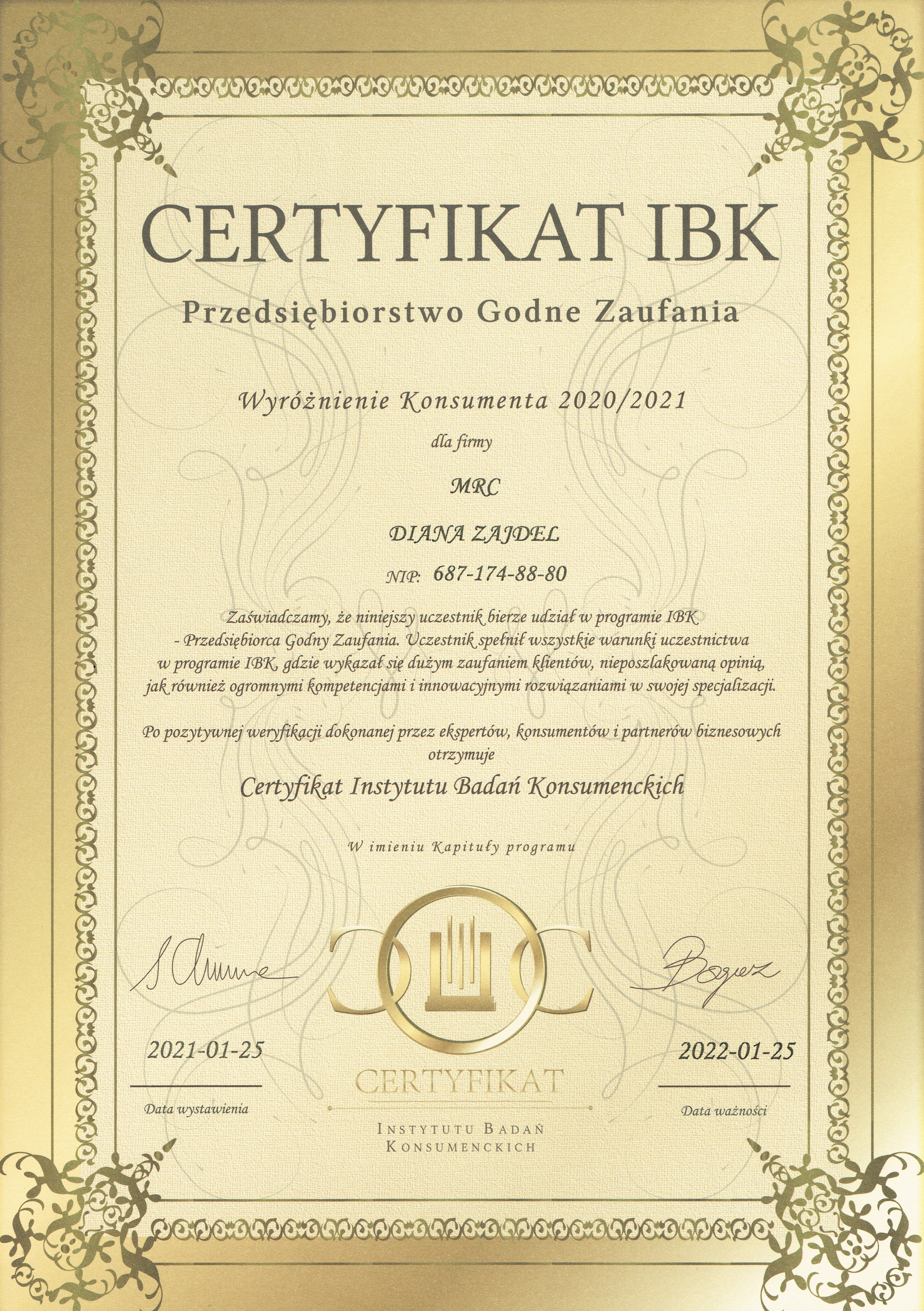Certyfikat IBK 2021